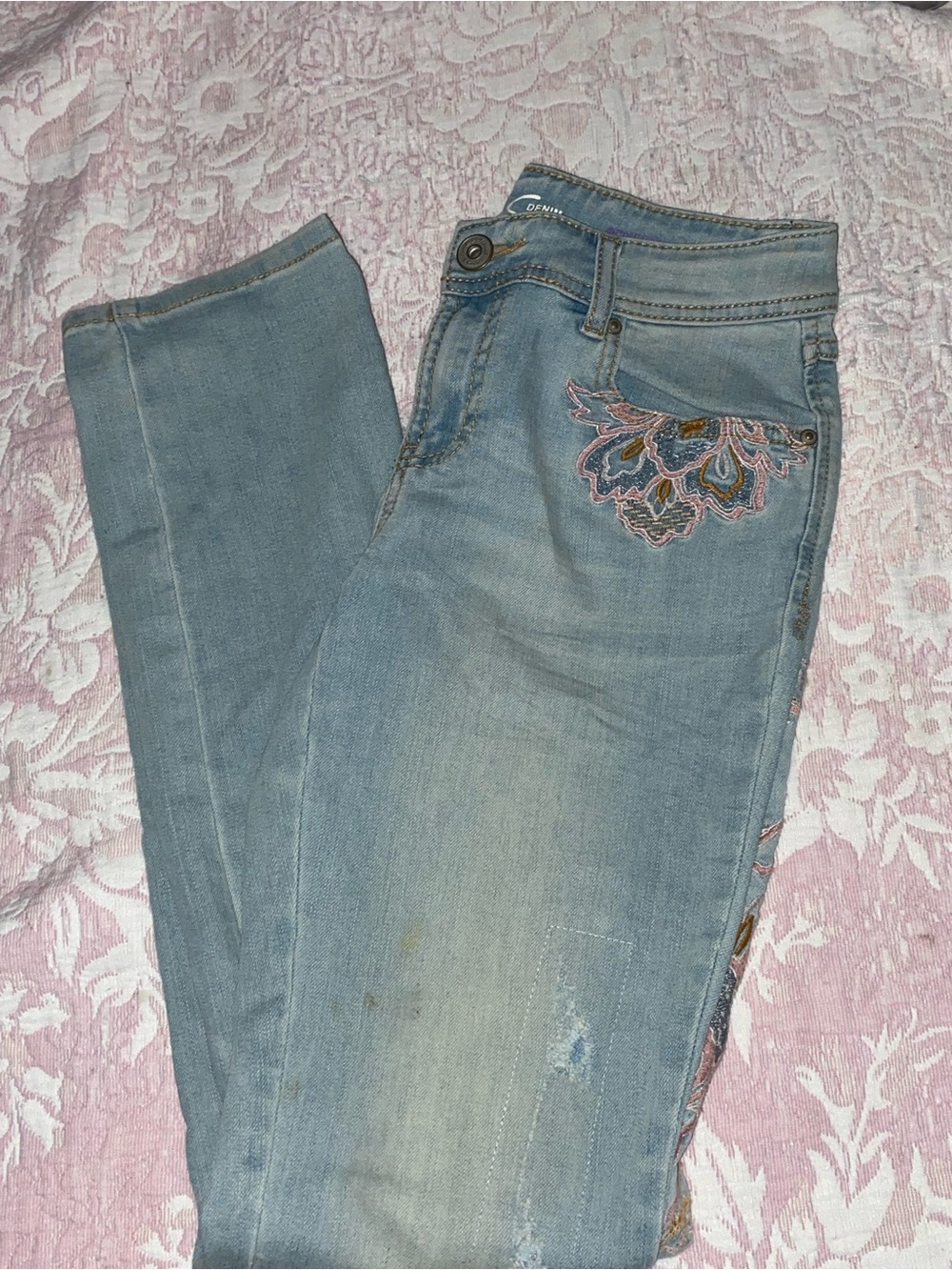 INC International Concepts Light Blue Skinny Jeans with Embroidered Detail